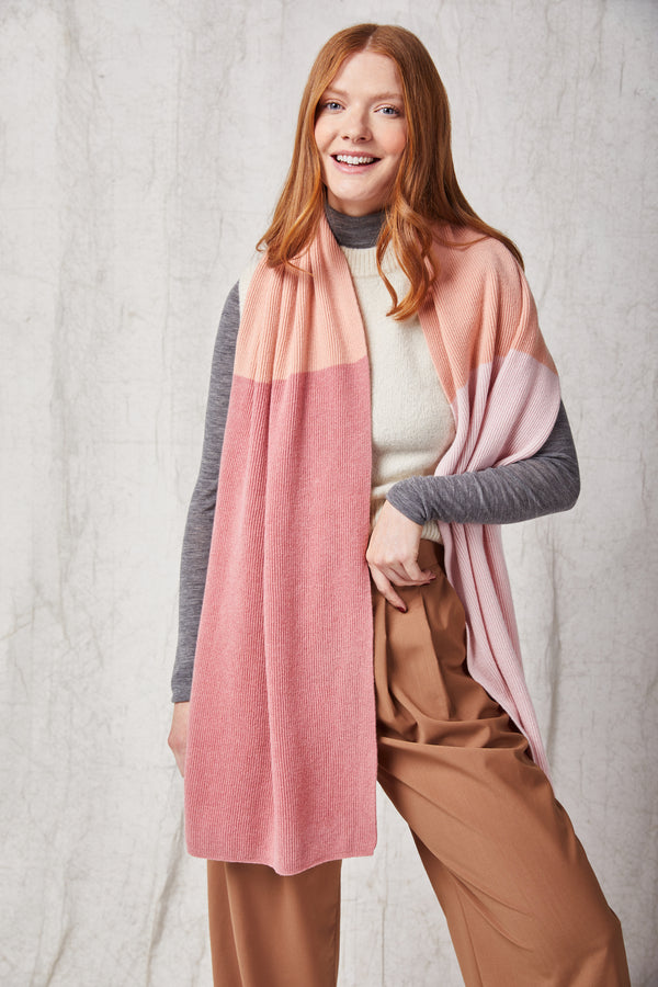 Ribbed Shawl Scarf, Coral,Icing & Dusky Pink