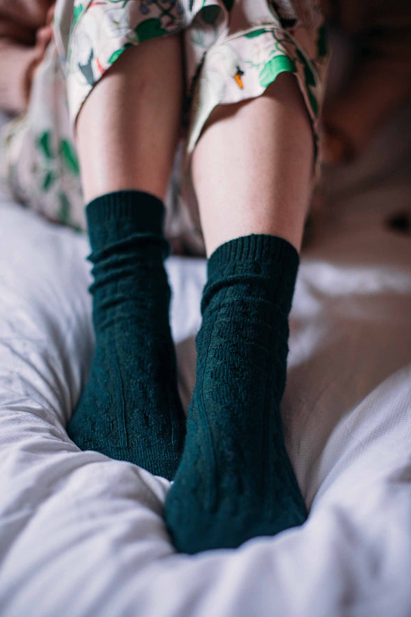 Cashmere Cable knit Bed Socks, Bottle Green