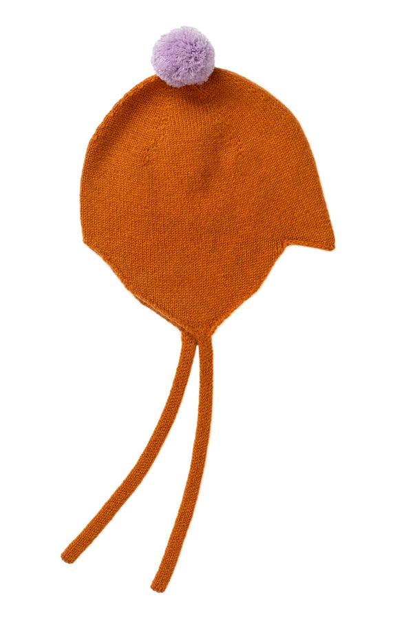 Cashmere Baby Bonnet, Ginger with Lupin Pom-Pom