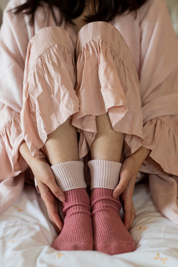 Cashmere Contrast Turnover Bed Socks, Dark Dusky Pink & Icing