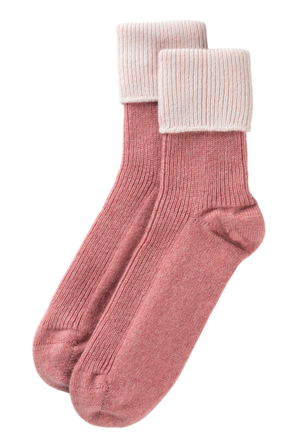 Cashmere Contrast Turnover Bed Socks, Dark Dusky Pink & Icing