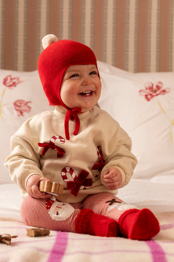 "My First Christmas" Cashmere Baby Bonnet, Festive Red with White Pom-Pom