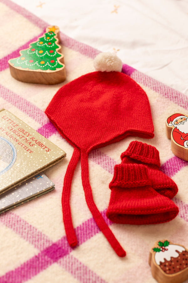 "My First Christmas" Cashmere Baby Bonnet, Festive Red with White Pom-Pom
