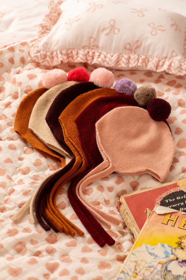 Cashmere Baby Bonnet, Camel with Blusher Pom-Pom