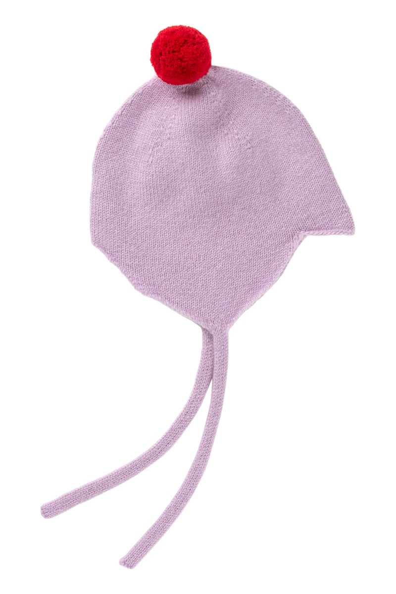 Rosie Sugden Cashmere's Baby Bonnet in Lupin with Chianti Pom-Pom