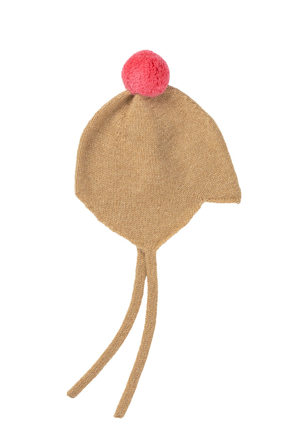 Cashmere Baby Bonnet, Camel with Blusher Pom-Pom
