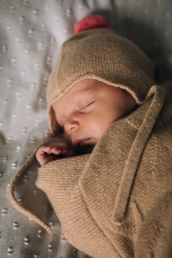 Cashmere Baby Bonnet, Camel with Blusher Pom-Pom
