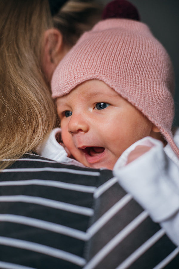 Cashmere Baby Bonnet, Coral with Damson Pom-Pom