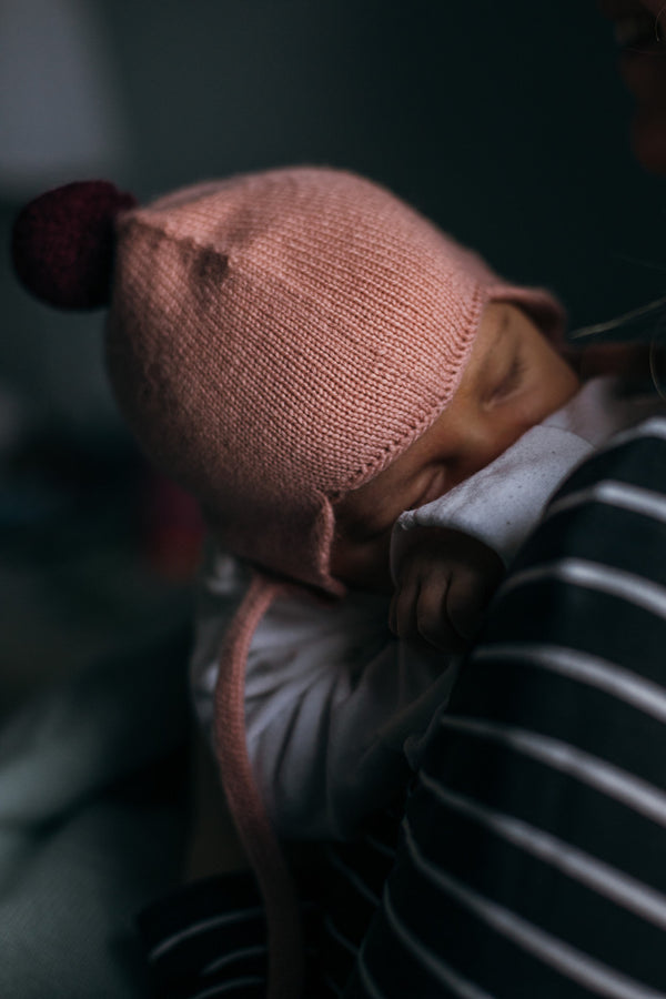 Cashmere Baby Bonnet, Coral with Damson Pom-Pom