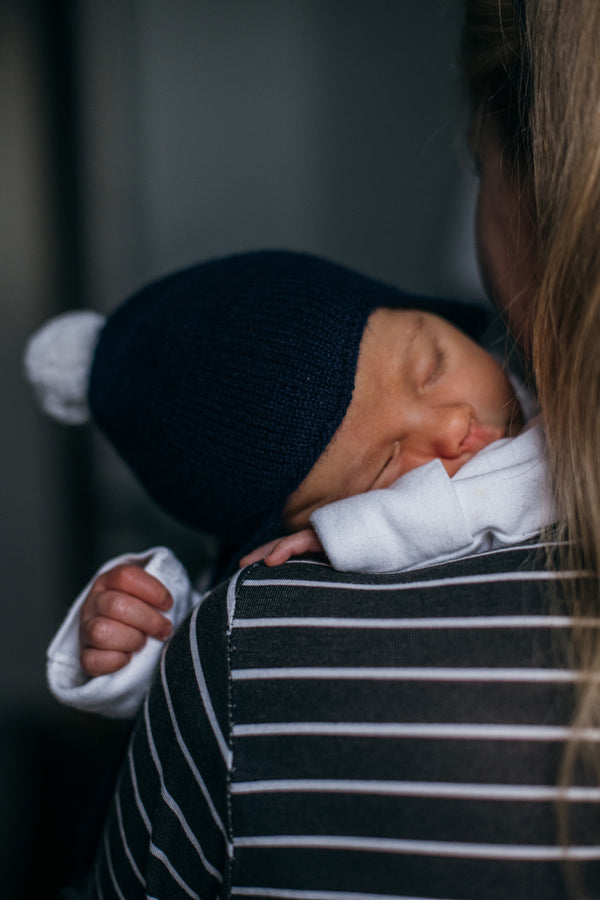 Cashmere Baby Bonnet, Navy with Misty Grey Pom-Pom