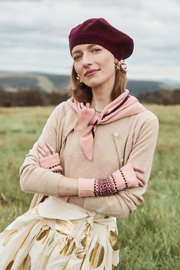 Fairisle Yoke Wrist-Warmers, Coral + Damson