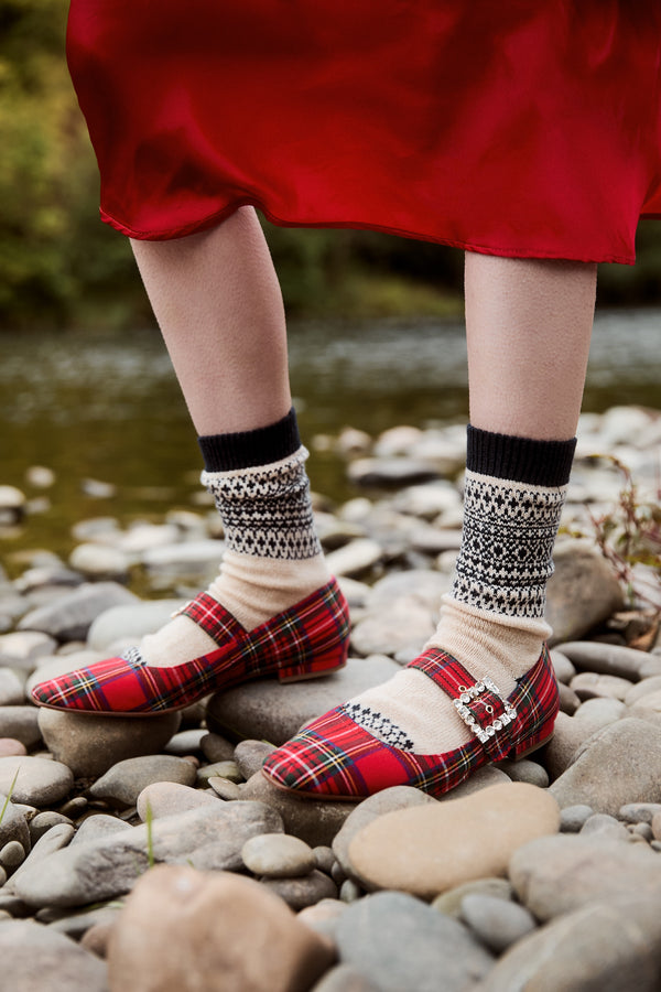 Fairisle Cashmere Bed Socks, Alabaster + Blackberry (Navy)