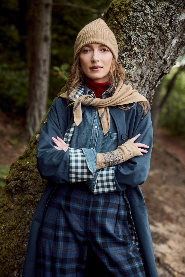 Cashmere Triangle Scarf, Pecan with Dolomite Stripe