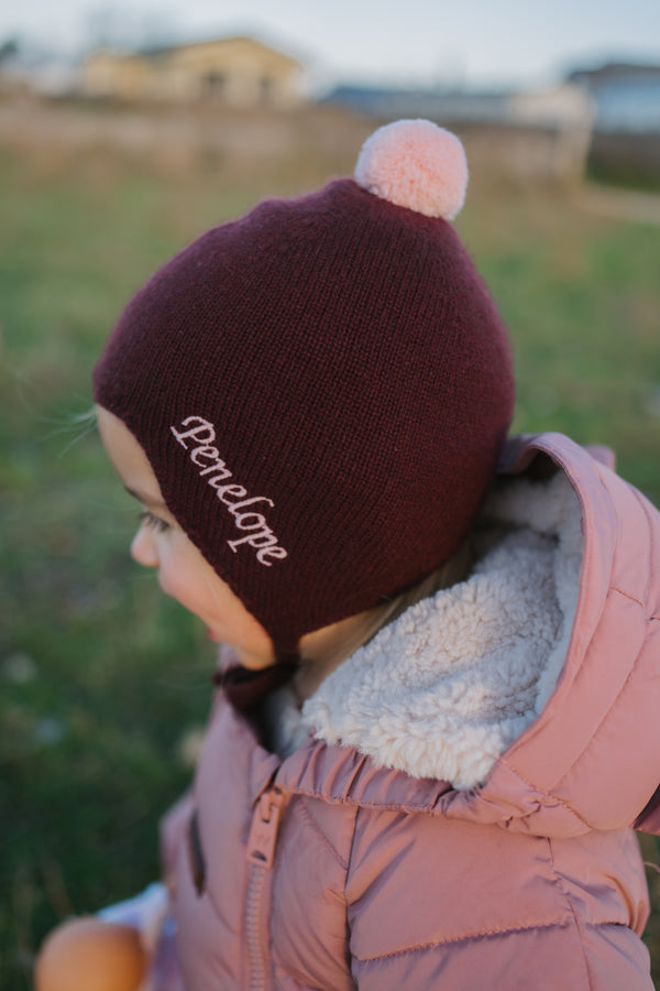 Cashmere Baby Bonnet, Kirsch with Marshmallow Pom-Pom