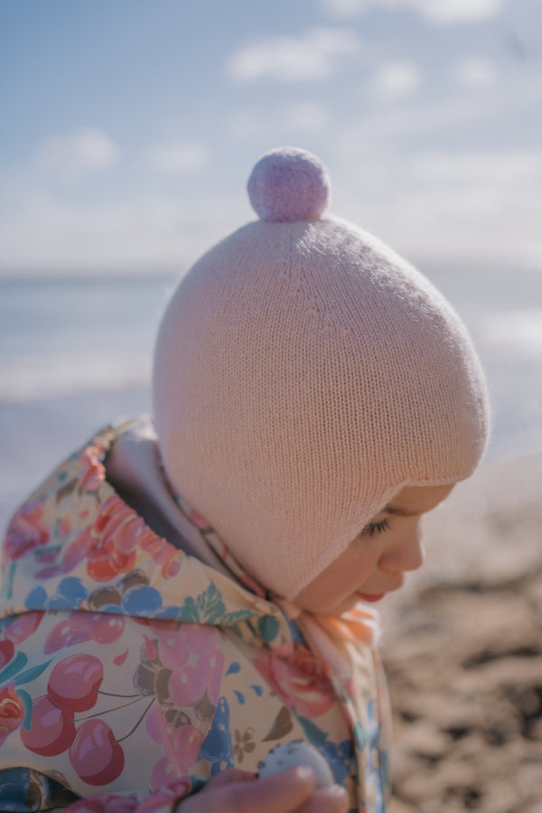 Cashmere Baby Bonnet, Peach with Lupin Pom
