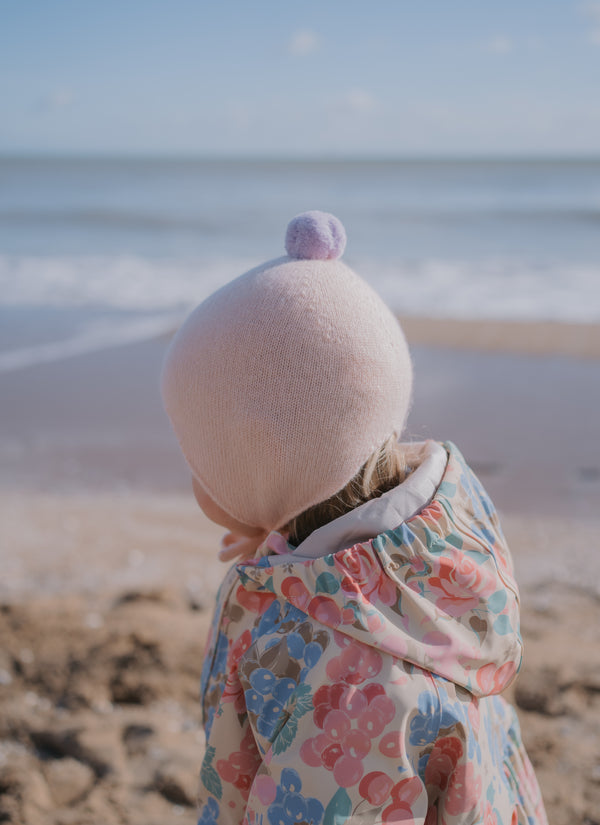 Cashmere Baby Bonnet, Peach with Lupin Pom