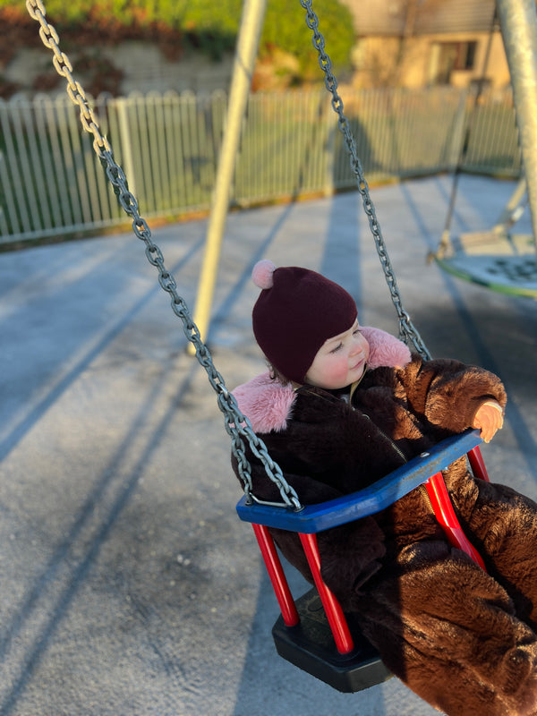 Cashmere Baby Bonnet, Kirsch + Marshmallow pom