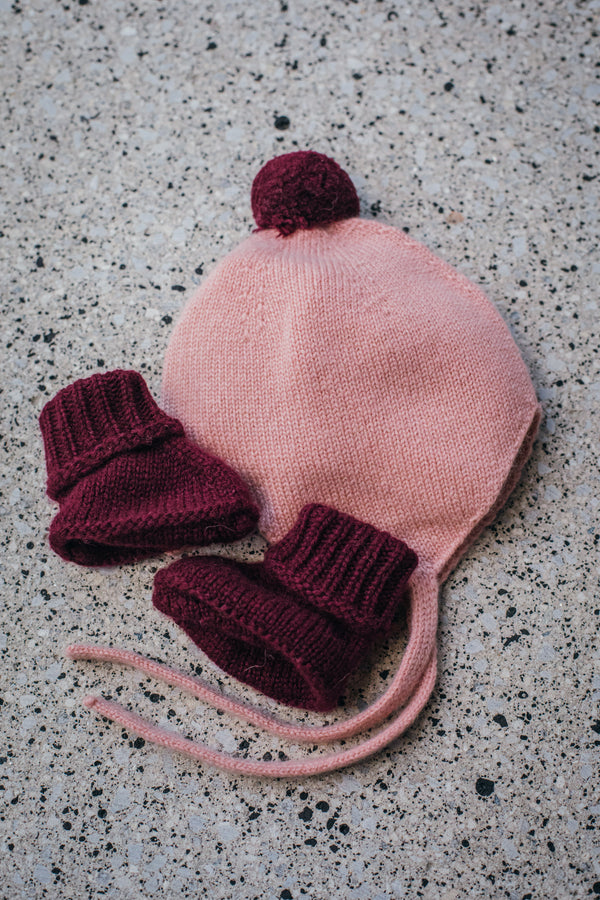 Cashmere Baby Bonnet, Coral with Damson Pom-Pom