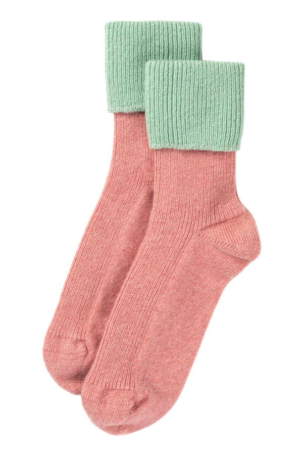Cashmere Contrast Turnover Bed Socks, Dusky Pink & Cool Mint