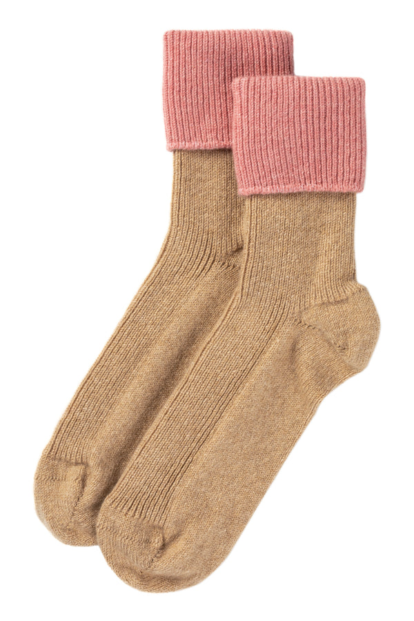 Contrast turnover cashmere Bed Socks, Camel + Dusky Pink