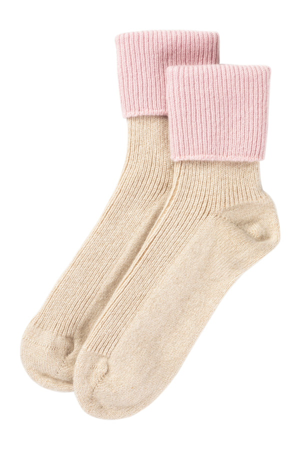Contrast turnover cashmere Bed Socks, Ivory + Rose Pink