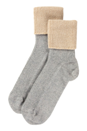 Contrast turnover cashmere Bed Socks, Heron Grey + Linen