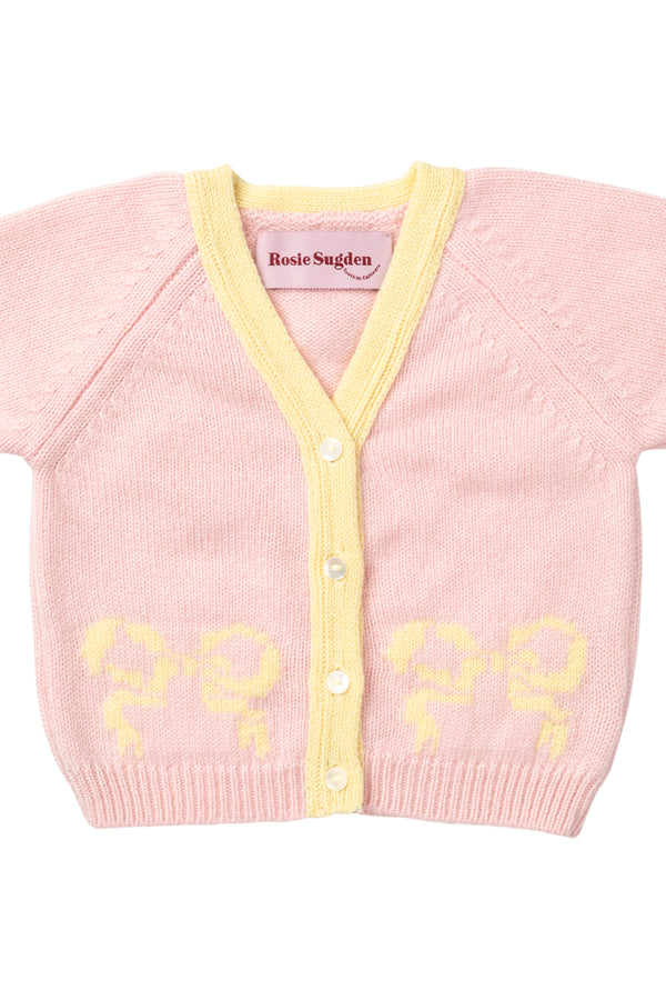 Baby + Children's Contrast-Trim Cashmere Cardigan with Bow Motif, Marshmallow + Lemon