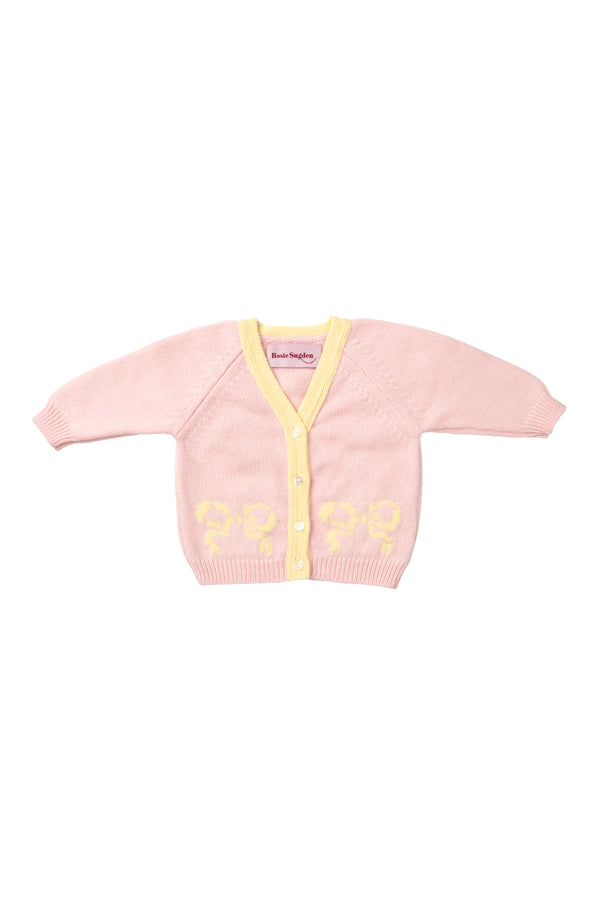 Baby + Children's Contrast-Trim Cashmere Cardigan with Bow Motif, Marshmallow + Lemon