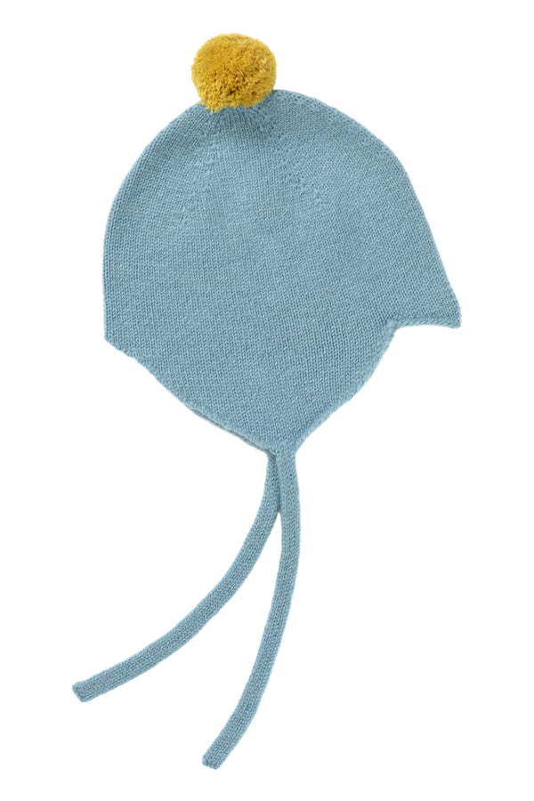 Cashmere Baby Bonnet, Blue Mist with Gold Dust Pom