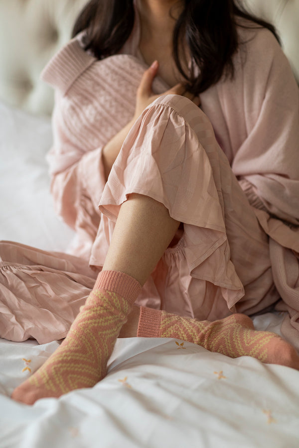 Swirly cashmere socks, Coral + Lemon