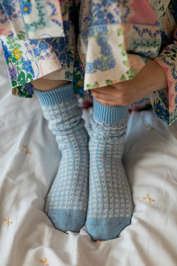 Cashmere Houndstooth Bed Socks, Spa Blue