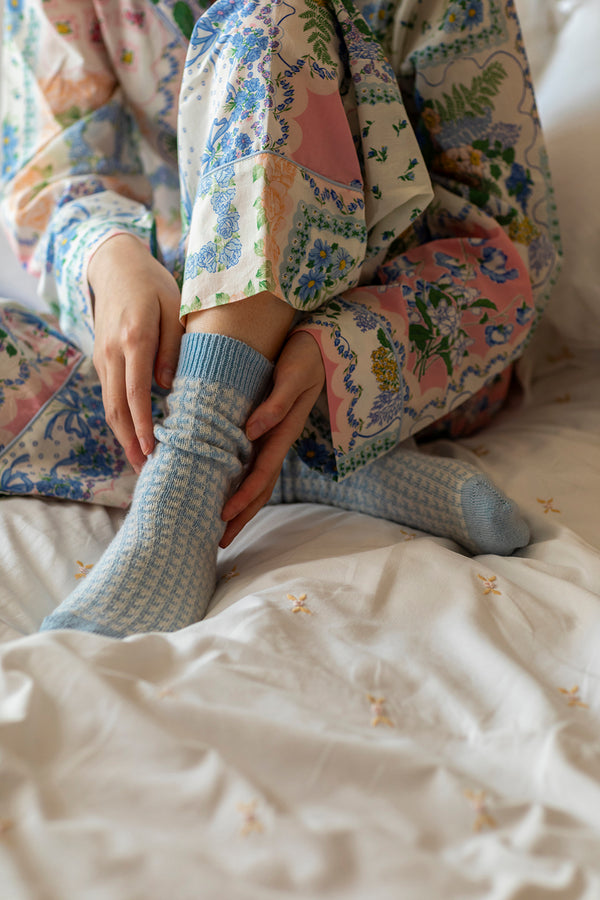 Cashmere Houndstooth Bed Socks, Spa Blue