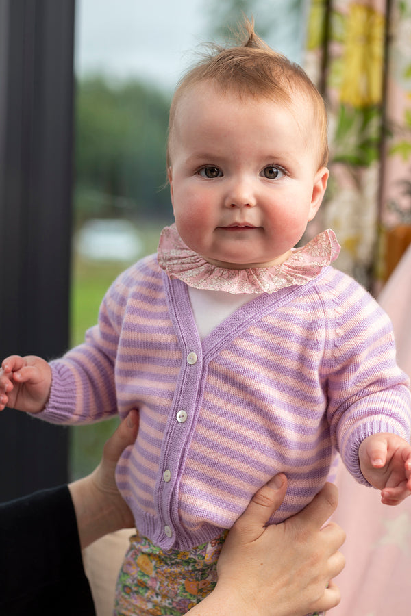 Stripy cashmere Baby Cardigan, Lupin + Marshmallow