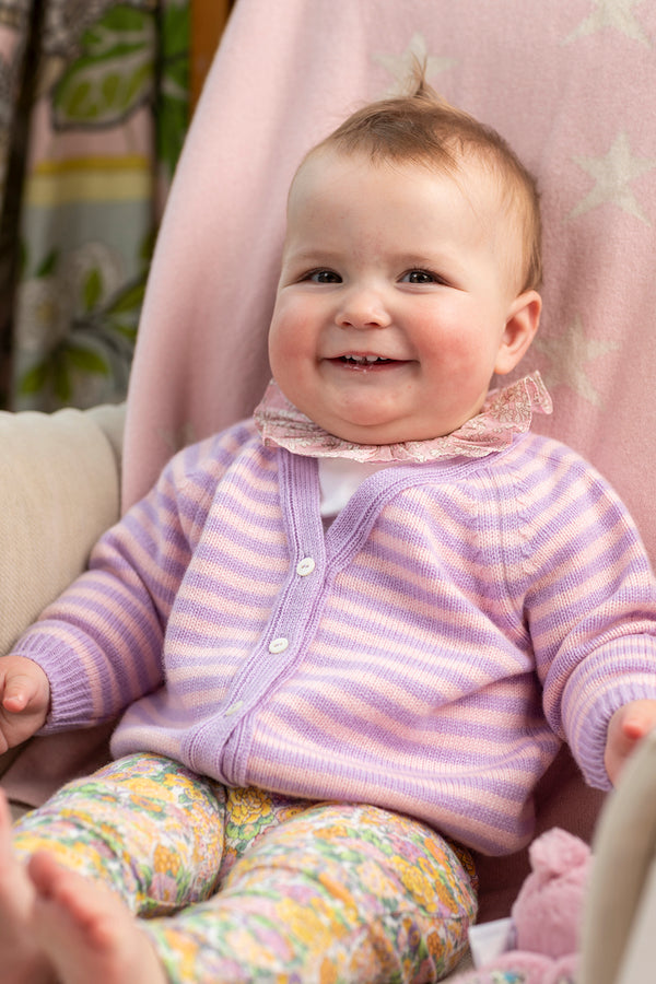 Stripy cashmere Baby Cardigan, Lupin + Marshmallow