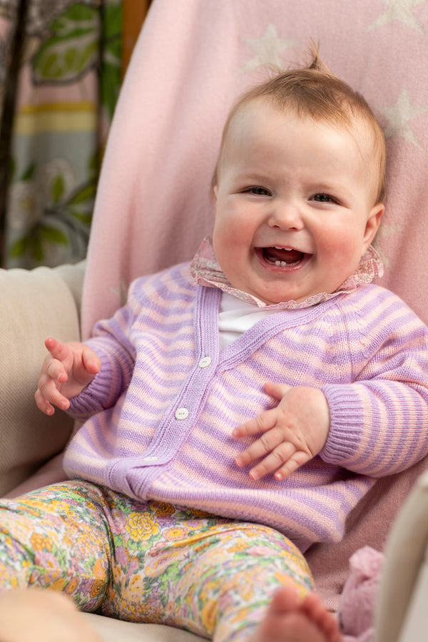 Stripy cashmere Baby Cardigan, Lupin + Marshmallow