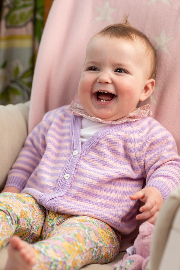 Stripy cashmere Baby Cardigan, Lupin + Marshmallow