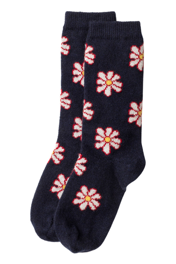 Cashmere Daisy Motif Bed Socks, Blackberry (Navy)