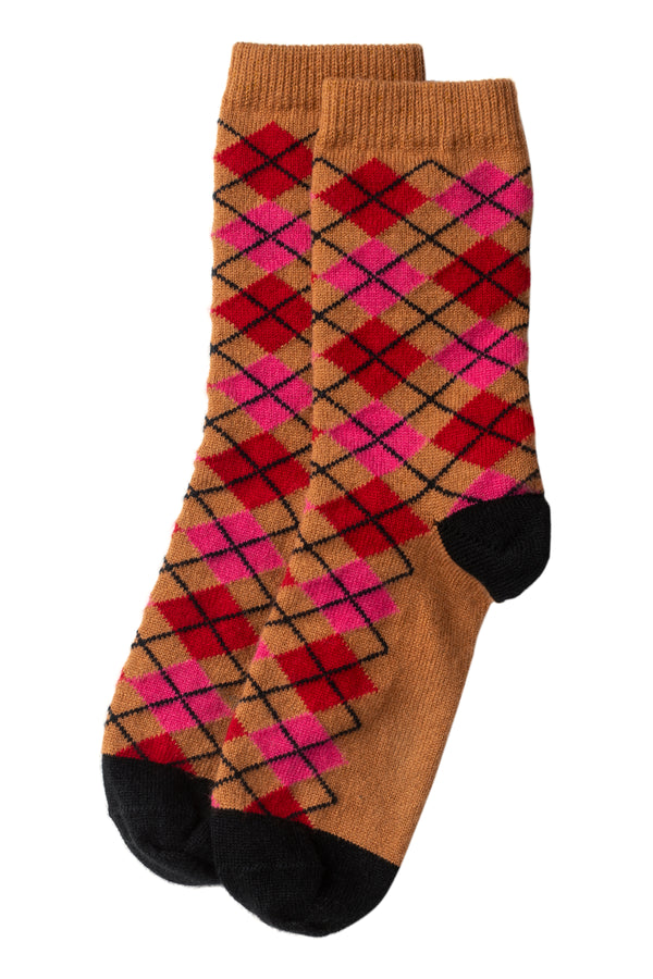 Argyle Pattern Cashmere Bed Socks, Caramel