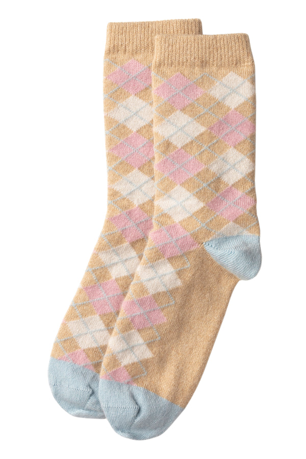 Argyle pattern cashmere bed Socks, Natural
