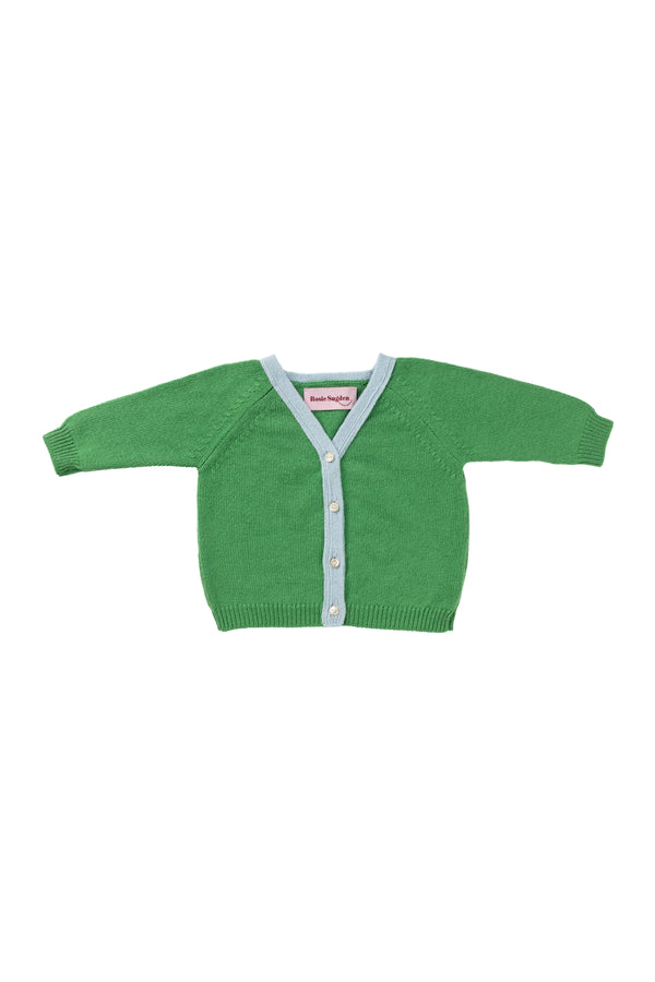 Contrast trim cashmere Baby Cardigan, Fern + Spa Blue trim