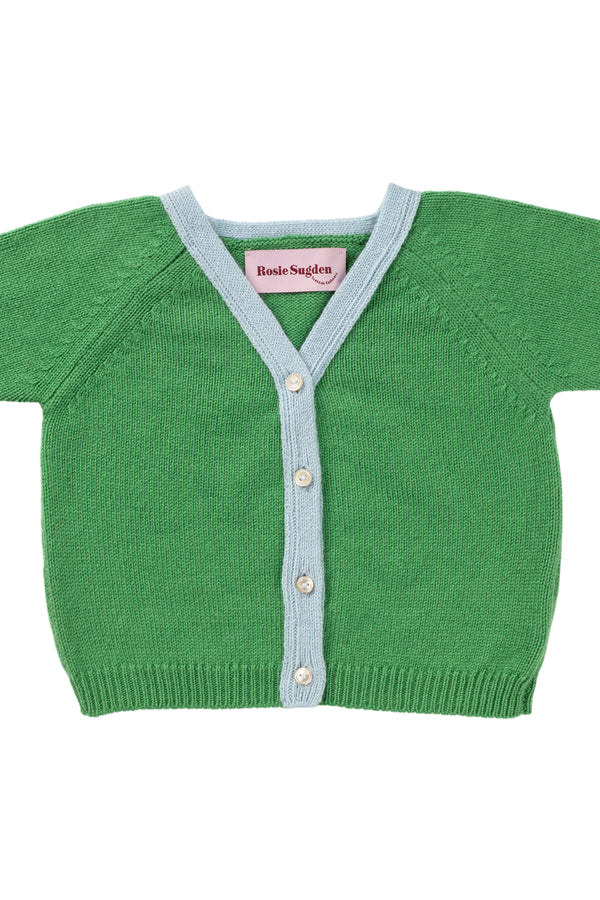 Contrast trim cashmere Baby Cardigan, Fern + Spa Blue trim