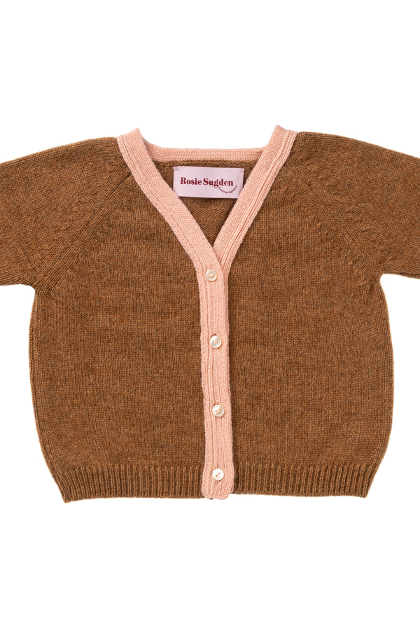 Contrast trim cashmere Baby Cardigan, Caramel + Coral trim