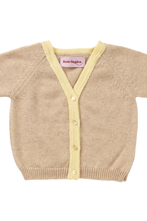 Contrast trim cashmere Baby Cardigan, Alabaster + Lemon trim