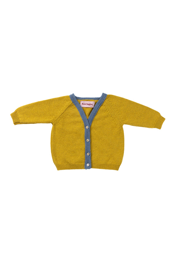 Contrast trim cashmere Baby Cardigan, Gold Dust + Mermaid trim