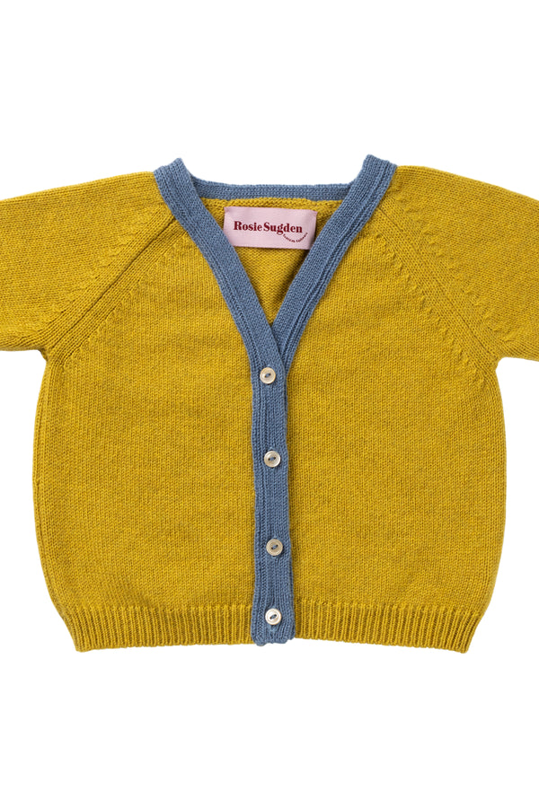 Contrast trim cashmere Baby Cardigan, Gold Dust + Mermaid trim