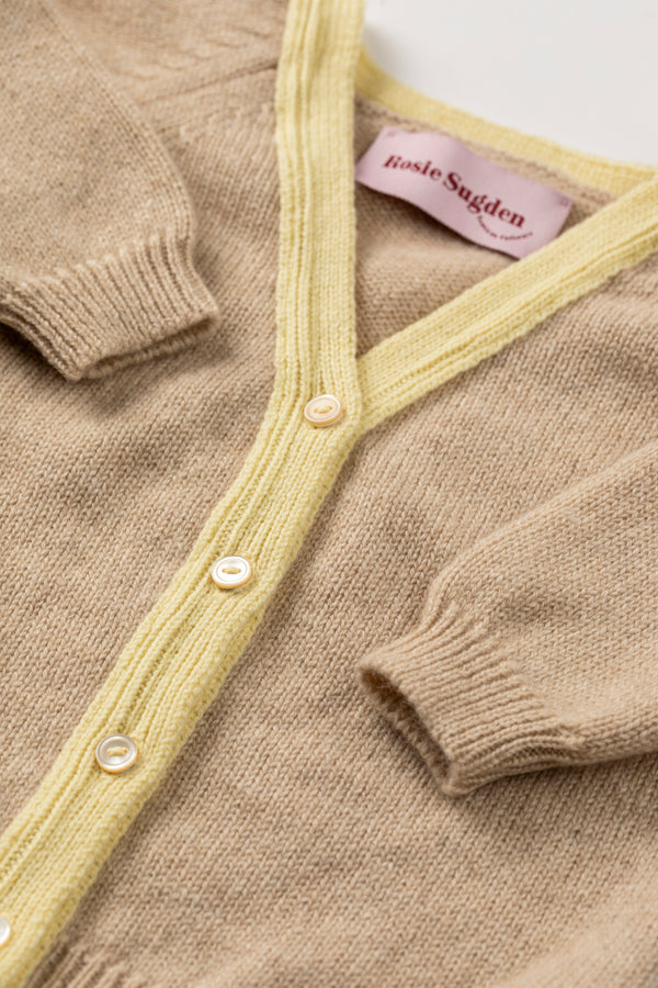 Contrast trim cashmere Baby Cardigan, Alabaster + Lemon trim