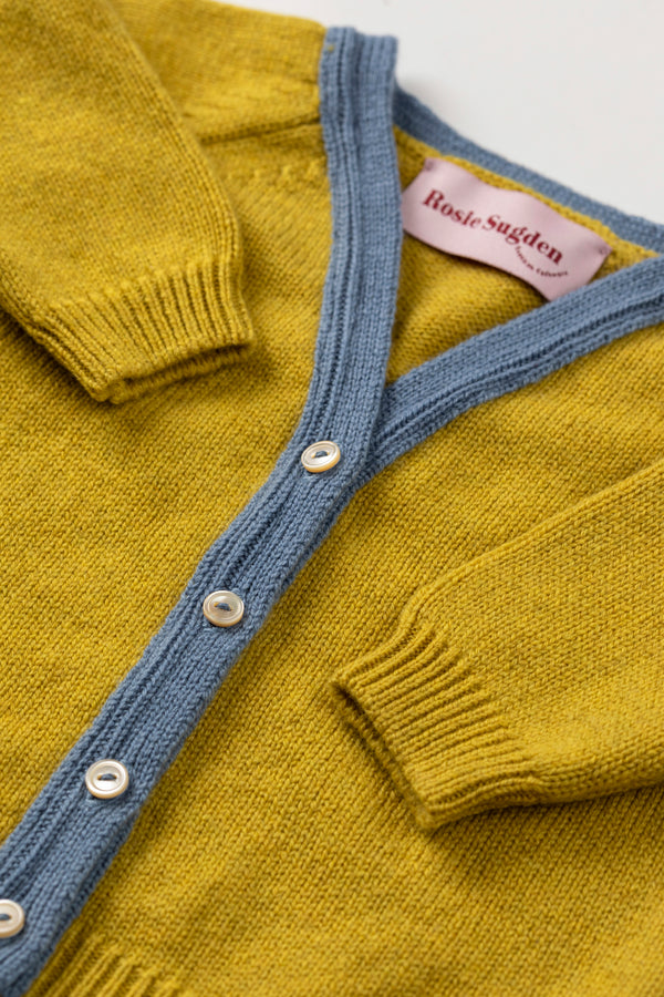 Contrast trim cashmere Baby Cardigan, Gold Dust + Mermaid trim