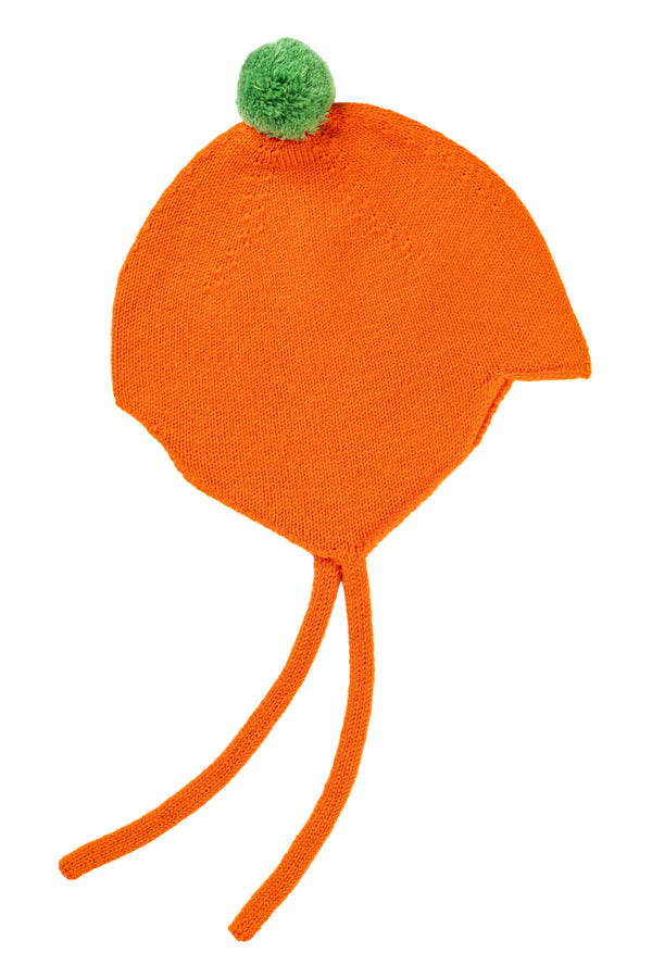 Limited Edition Halloween Cashmere Baby Bonnet, Pumpkin with Fern Pom-Pom