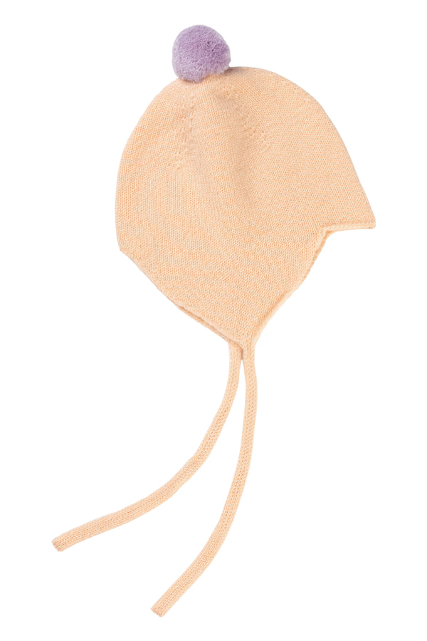 Cashmere Baby Bonnet, Peach + Lupin Pom