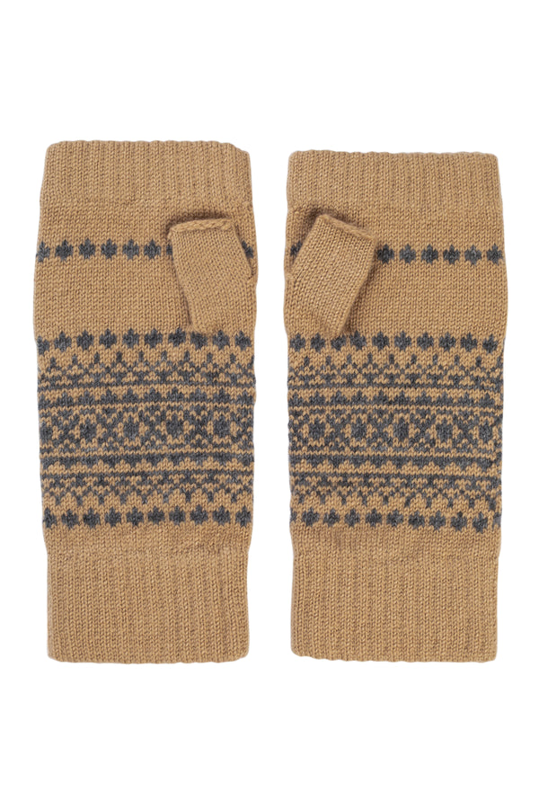 Cashmere Fairisle Yoke Wrist-Warmers, Pecan + Dolomite